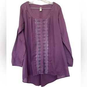 FREE PEOPLE Pintucked Lace Light Fluffy Long Cotton Blouse Tunic Purple Large